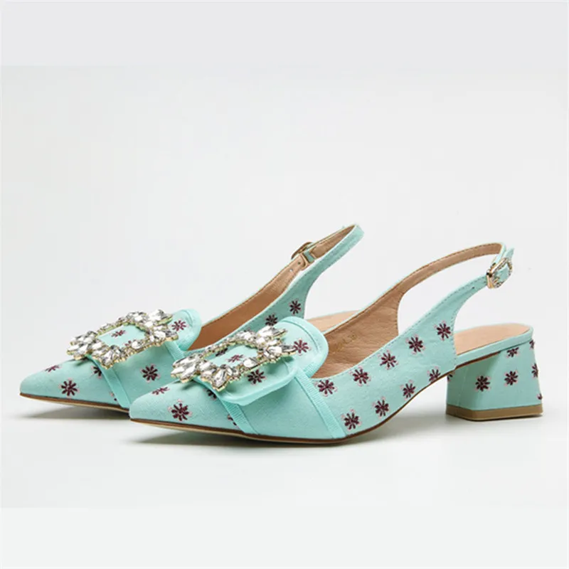 

Sexy Pointed Toe Women Pumps Low Heel Slingback Gladiator Sandals Rhinestone Stiletto Dress Shoes Woman Valentine Shoe
