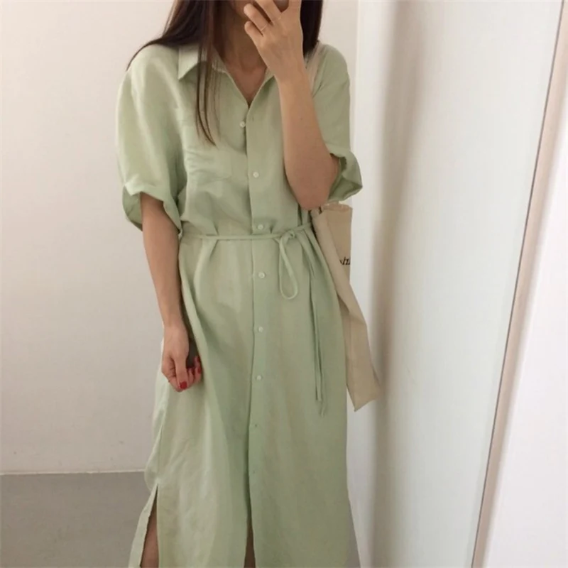 

Summer Dress Women Short Sleeve Vintage Korean High Waist Party Dress Loose Split Lace Up Long Dress Casual Single-Breasted
