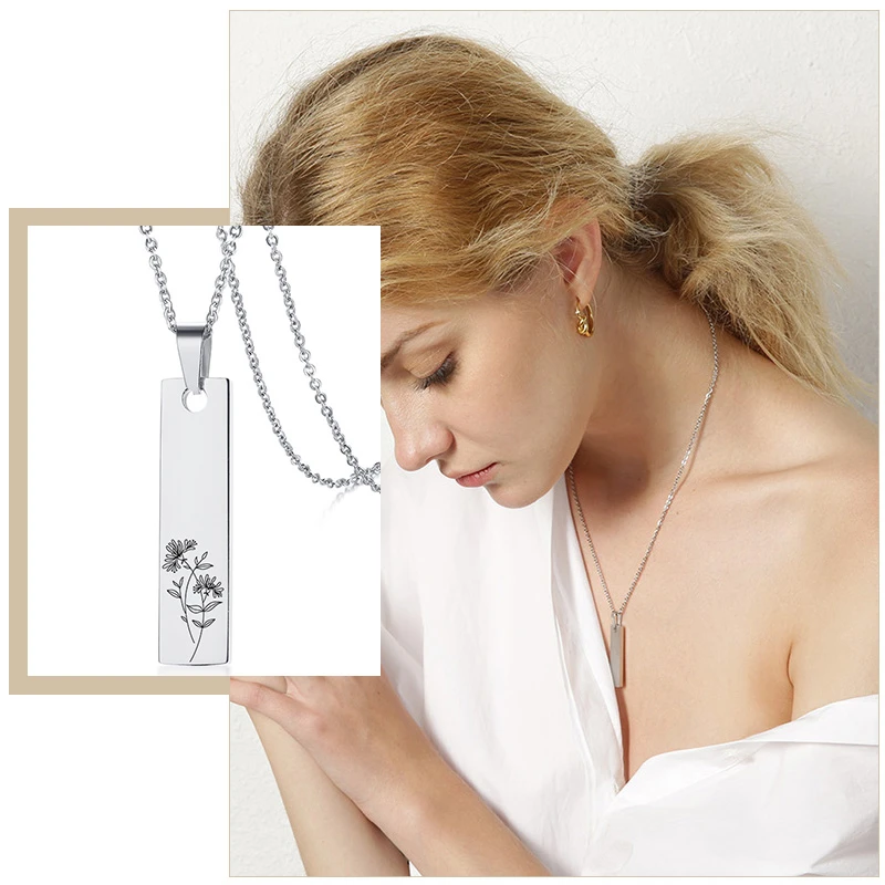 

Minimalist Personalize Engraved Birth Flowers Stainless Steel Bar Pendant Necklaces for Women Sisters BFF Custom Gifts Jewelry
