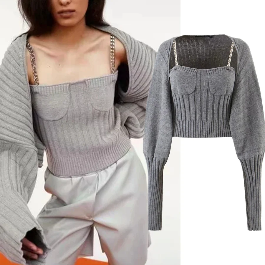 

Dave&Di Ins Fashion Blogger Vintage Knitted Chain Camisole Sexy Tops harajuku Tshirt Short Batwing Cardigan Women 2 Pieces Sets