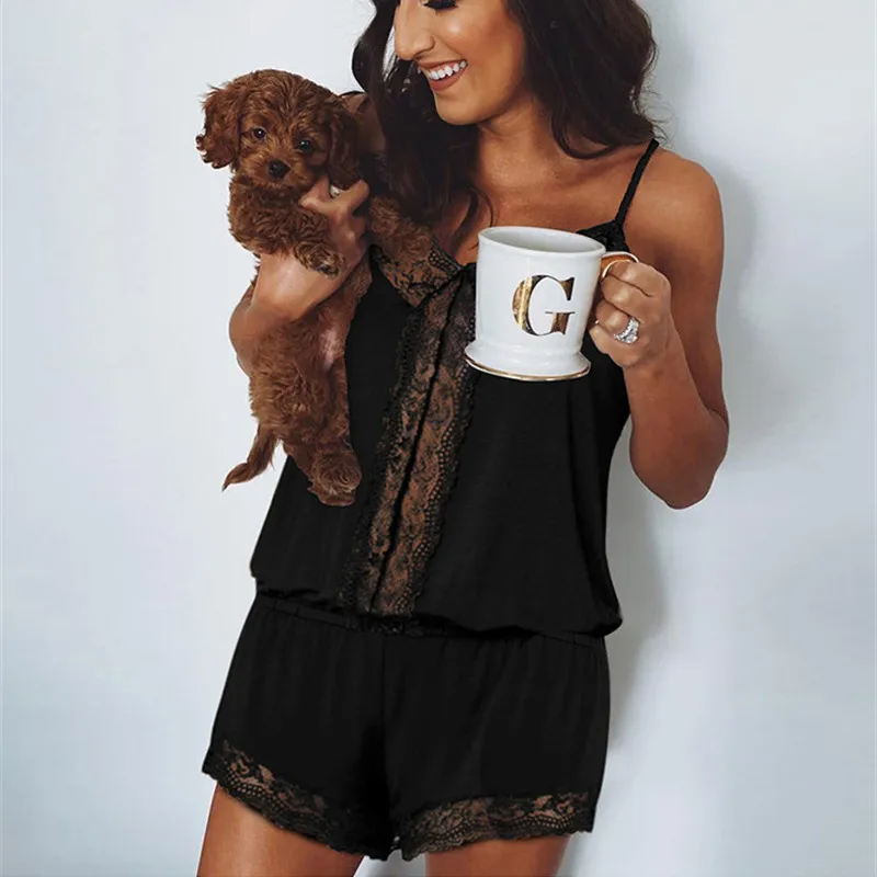 

Sexy Fashion Lace Patchwork Women Pajamas Summer 2020 Elegant V-neck Spaghetti Straps Sleepwear