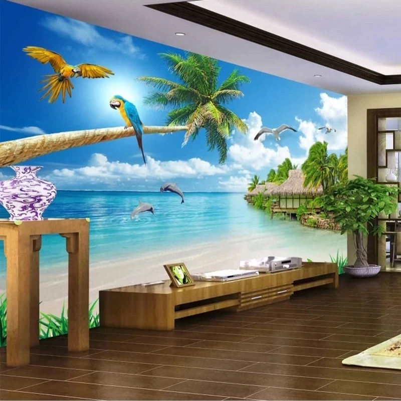 Пользовательские 3D фотообои голубое небо белые облака песчаный пляж морской