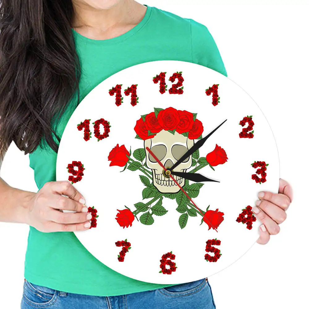 Sweet Skull With Rose Wreath Decorative Wall Clock Skeleton Modern Printed Acrylic Watch Room Decoration For Fever | Дом и сад