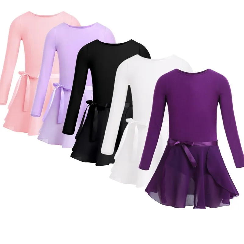 

Хлопковый трико с длинным рукавом для девочек, балерины, гимнастики, трико с шифоновой юбкой, комплект одежды, одежда балерины