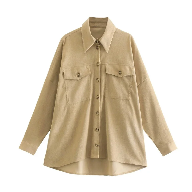 

Woman Casual Khaki Loose Corduroy Shirt Jacket 2021 Autumn Cool Female Safari Style Jackets Ladies Solid Long Sleeve Outwear