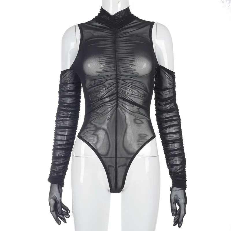 

Mesh Bodysuit Sexy Women Solid Long Sleeve Turtleneck Ruched See Through Romper One Piece Outfits Party Club Streetwear Autumn