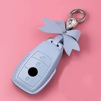 girl pink cowhide leather car key case for mercedes benz e class with keychain auto accessories key ring protective cover