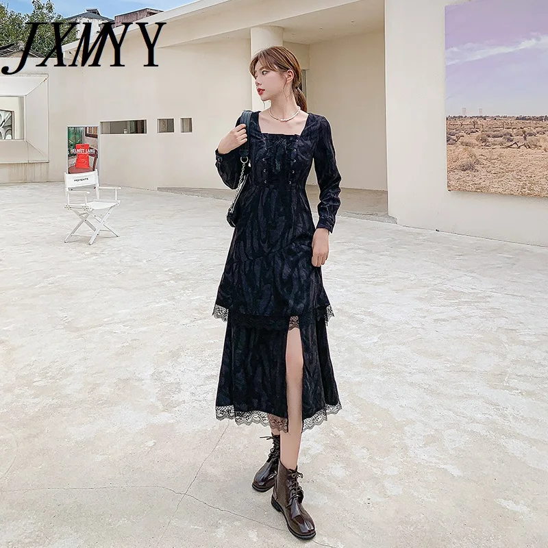 JXMYY Elegant Temperament Dress 2021 Fashion New Female Tie-Dye With Lace Little Black Cold Wind High-End Long Skirt | Женская одежда