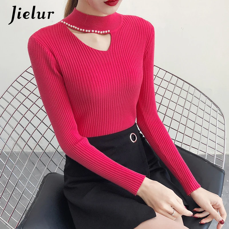 Женский трикотажный свитер с высоким воротником и бусинами | Женская одежда