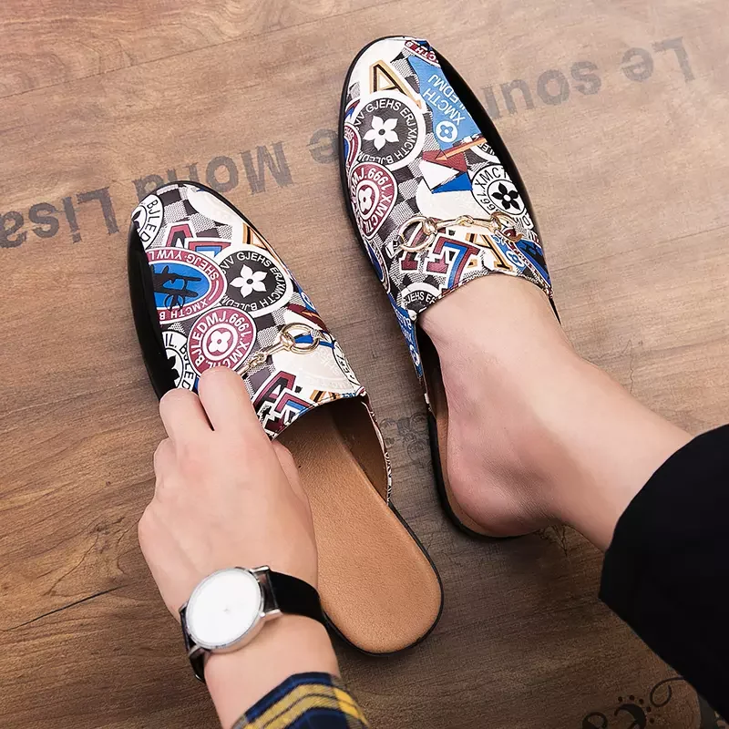 

2021 Spring New Letters Fashion Pu Leather Canvas Soft Slippers Trend Color Matching Party Home Men's Casual Shoes HL075