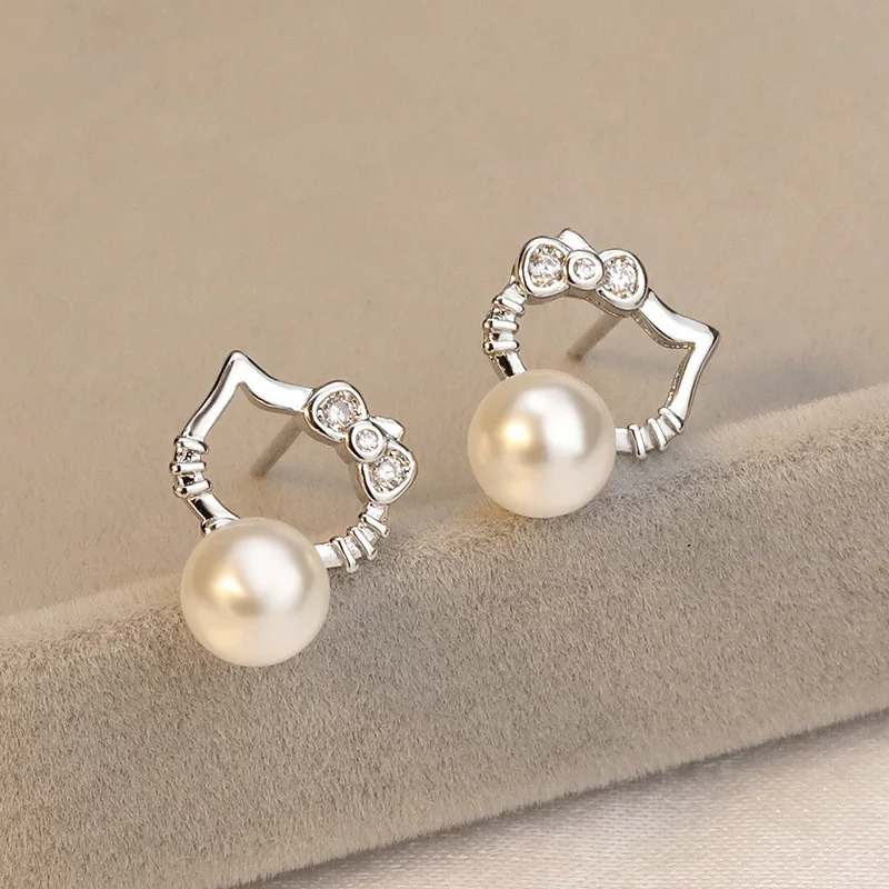 

Hello Kitty Fashion Sterling Silver Needle Student Earrings Cute Girls Pearl Earrings Women Fashion Jewelry Accessories