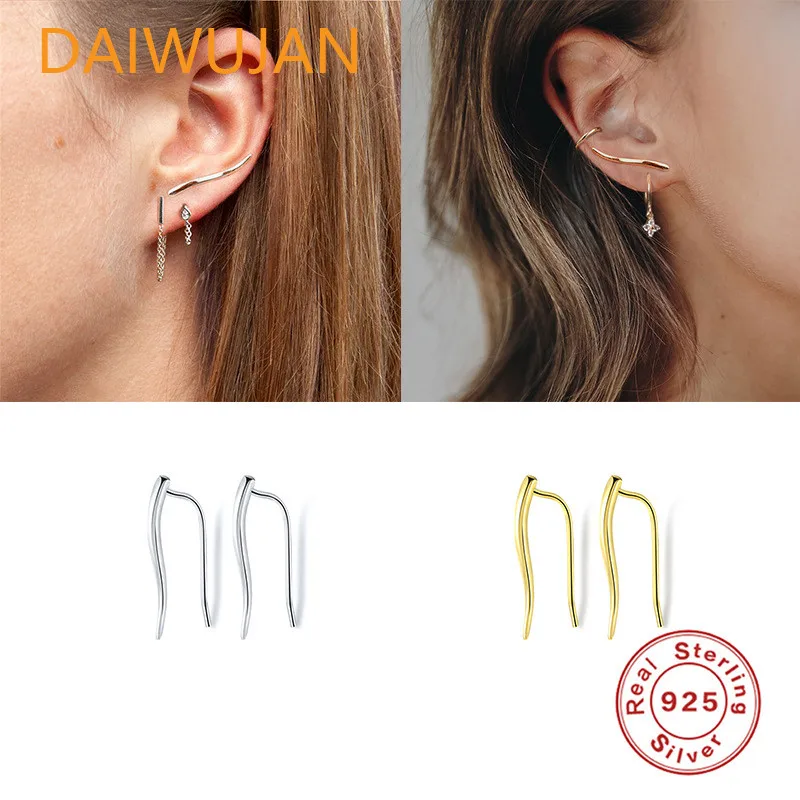 

Minimalist 925 Sterling Silver Piercing Earrings Gold Geometric Ear Crawlers Stud Earrings For Women Punk Ear Climber Jewelry