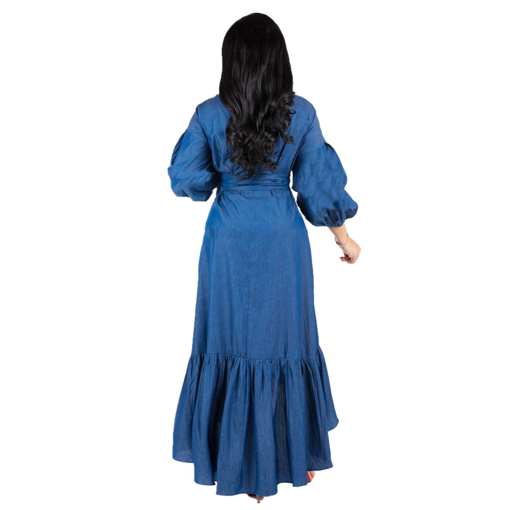 

Women Summer Autumn Long Sleeve V-Neck Denim Dress Sexy Long Party Club Dress ladies A-Line Jeans Dress With Belt Vestidos