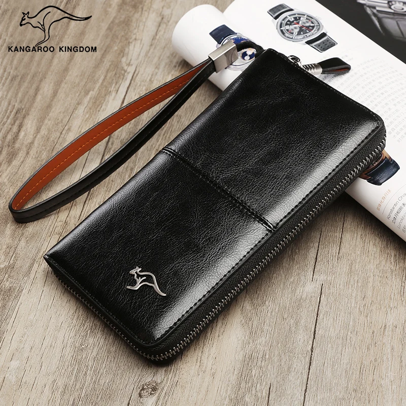 

KANGAROO KINGDOM fashion men wallets split leather long male clutch purse phone wallet brand