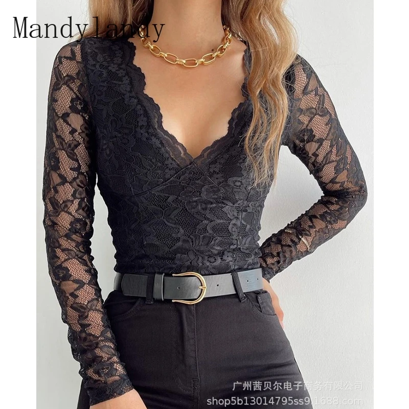 

Mandylandy T-shirt Autumn Long Sleeve V-neck Slim Solid Color Pullover T-shirt Women's Lace Mesh See-through Stitching T-shirt