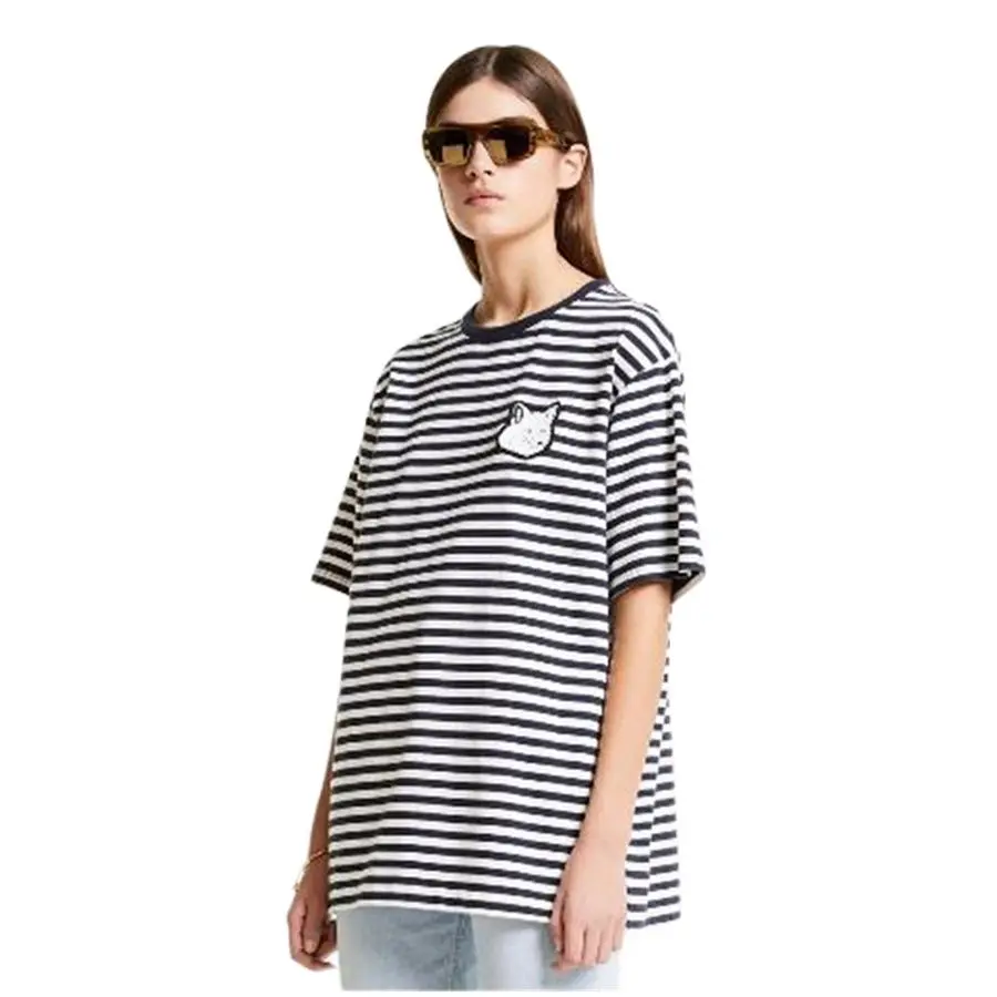 21 summer new style casual refreshing black white stripes embroidered fox head O neck versatile lovers short sleeve T-shirt