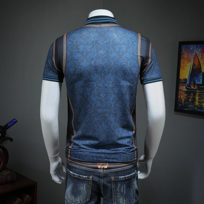 Футболка-поло с коротким рукавом золотисто-синяя Клубная вечерние принтом для