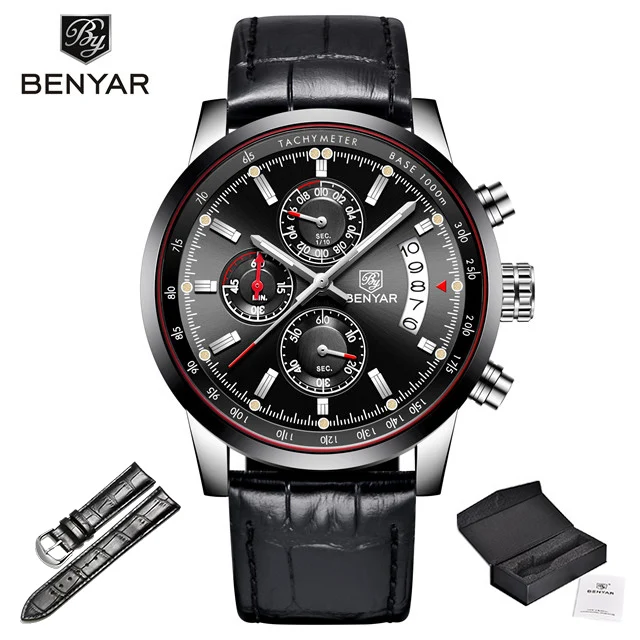 L-black box Мужские часы BENYAR, новинка, топ класса люкс, бренд, Бизнес Стиль, дата, мужские часы, сетка, нержавеющая сталь, кварцевые часы с хронографом, zegarek meski - Цвет: L-black box
