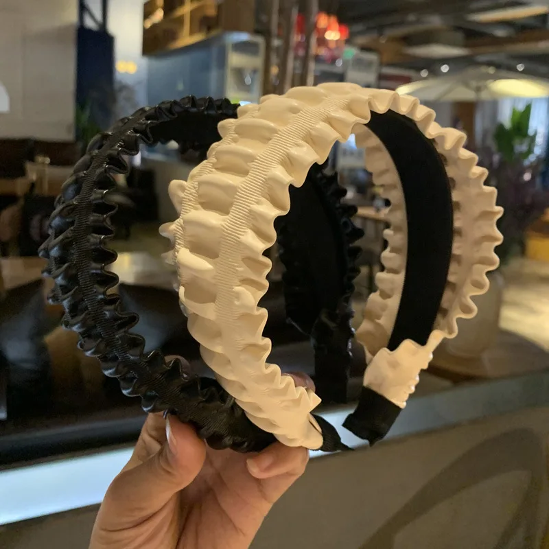 

Женская повязка на голову из искусственной кожи, широкая однотонная повязка со складками в Корейском стиле, аксессуар для мытья волос во французском ретро стиле