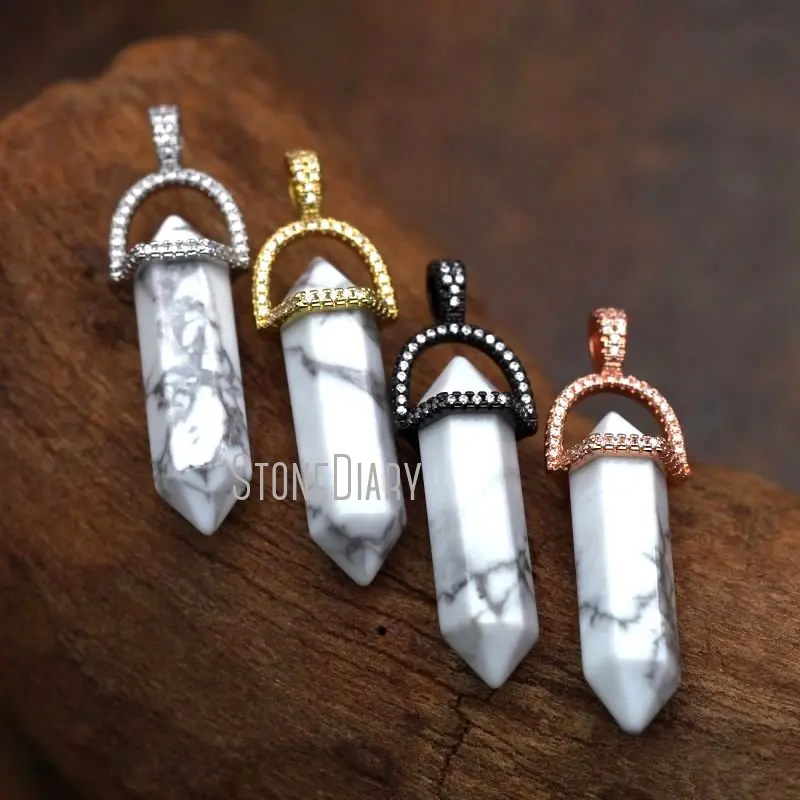 

PM7396 Howlite Faceted White Cubic Zirconia Double Terminated Point Hexagonal Prism Pendant Jewelry Gift 32x8mm