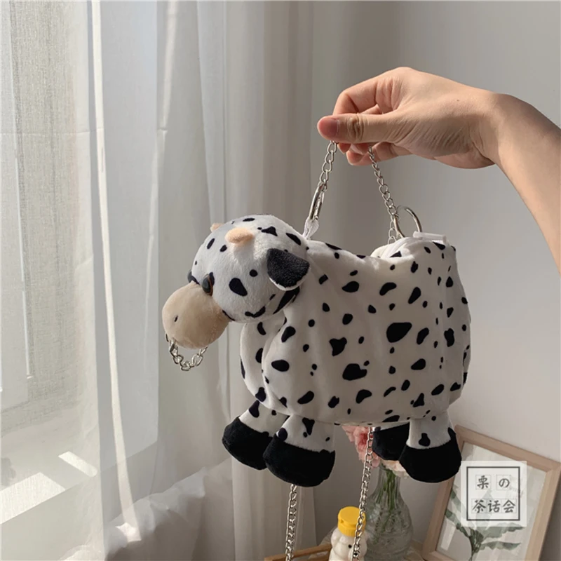 

creative cow shape women plush shoulder bags designer chains handbags cute soft lady crossbody bag chic cartoon small purse 2020
