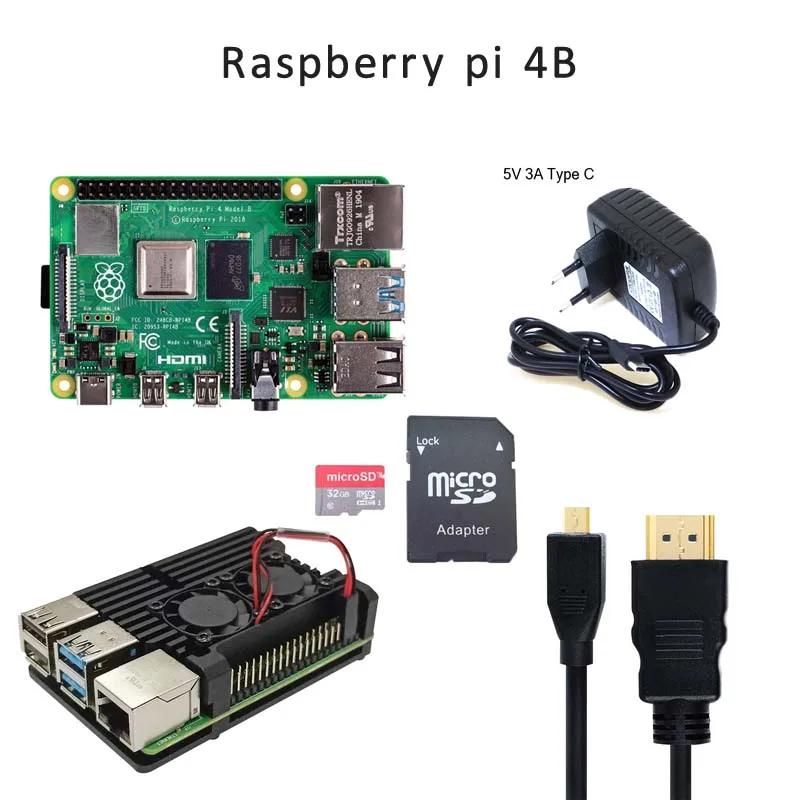 Raspberry Pi 4 Модель B 1G/2G/4G комплект + адаптер питания 5V 3A чехол Al кабель HMDI радиатор