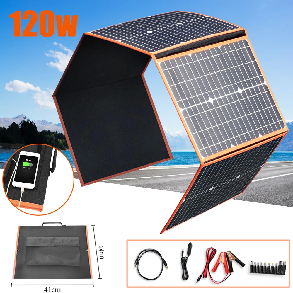 

120W 12V Foldable Solar Panel Kit Portable Solar Charger 5V USB 18V DC Output for RV/Camper/Power Station/Cell Phone/car Battery