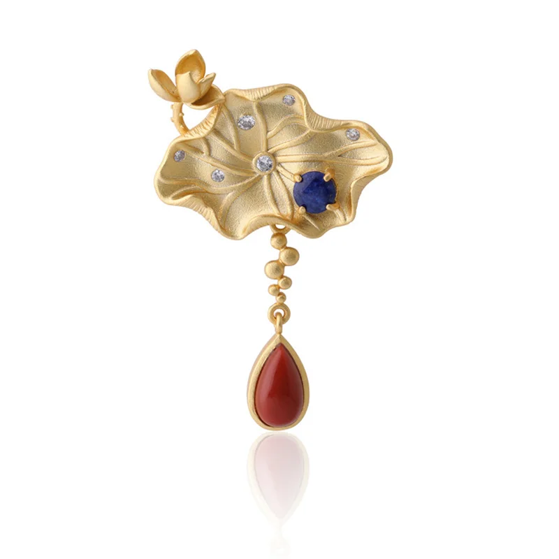 

UBESTNICE 925 Sterling Silver Gold Plated Natural Water Drop Agate Lotus Flower Brooches Fine Jewelry For Women Pendant Necklace