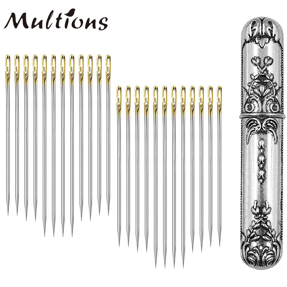 

24pcs Self Threading Needles With Vintage Sewing Needles Holder Storage Case Big Eye Hand Sewing Needles For Sewing Accessories