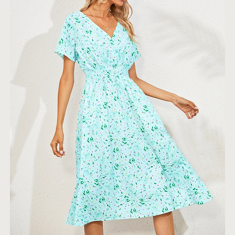 

Летнее платье с цветочным принтом, V-образным вырезом и короткими рукавами, женское Повседневное платье миди с высокой талией для женщин, же...