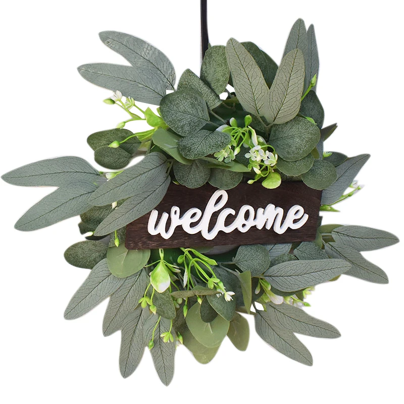 

Artificial Eucalyptus Leaves Decorations Wreath Christmas Wreath Holiday Decor with Welcome Wood Board for Home Decor