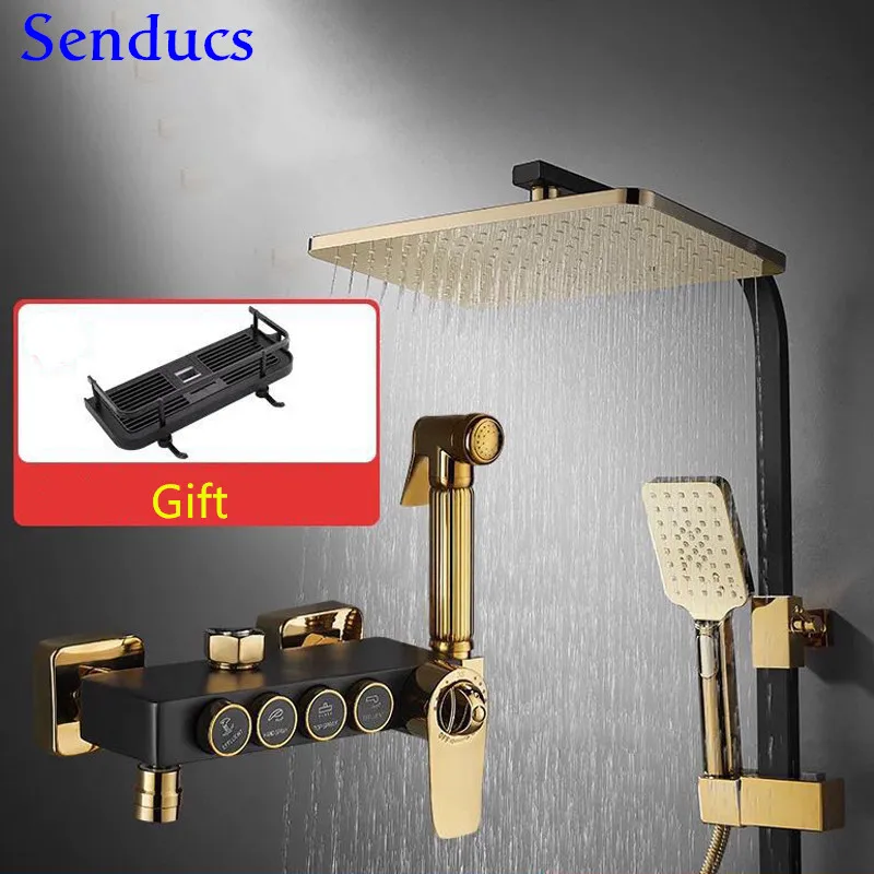 

Matte Black Bath Shower Set Quality Brass Bathtub Faucet Inwall Mounted Thermostatic Shower System Black Gold Bathroom Faucets