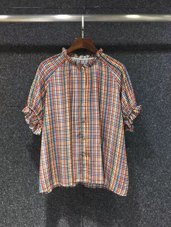 

2021 new women fashion leader, wooden ears, lace and plaid decoration, short-sleeved all-match top 623