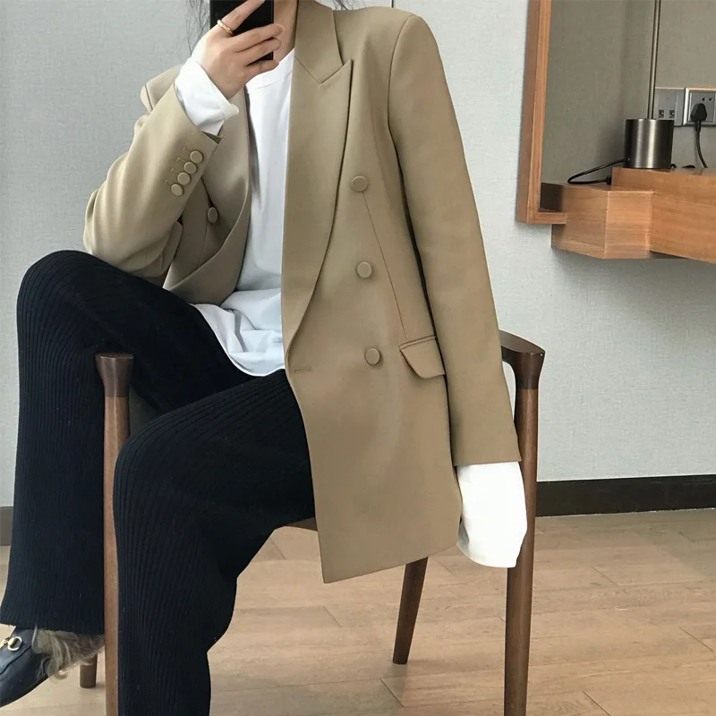 

Женская Повседневная однотонная двубортная куртка, свободная куртка с карманами и украшением, весна-осень