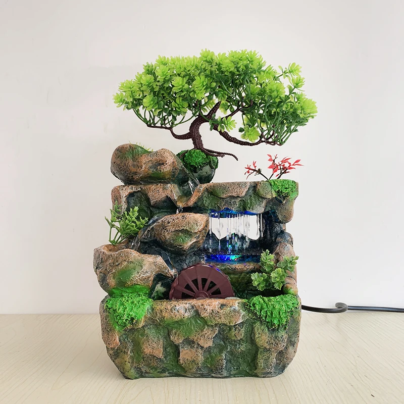 

Home Tabletop Landscape Flowing Water Waterfall Ornament Resin Rockery Water Fountain Feng Shui Decor with 7-color LED Change