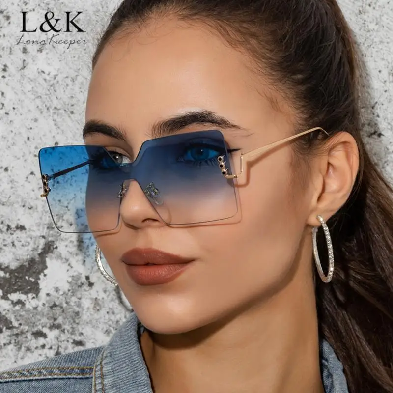 

One Piece New Fashion Square Sunglasses Women Oversized Rimless Eyewear Big Frame Trendy Metal Sun Glasses oculos de sol UV400