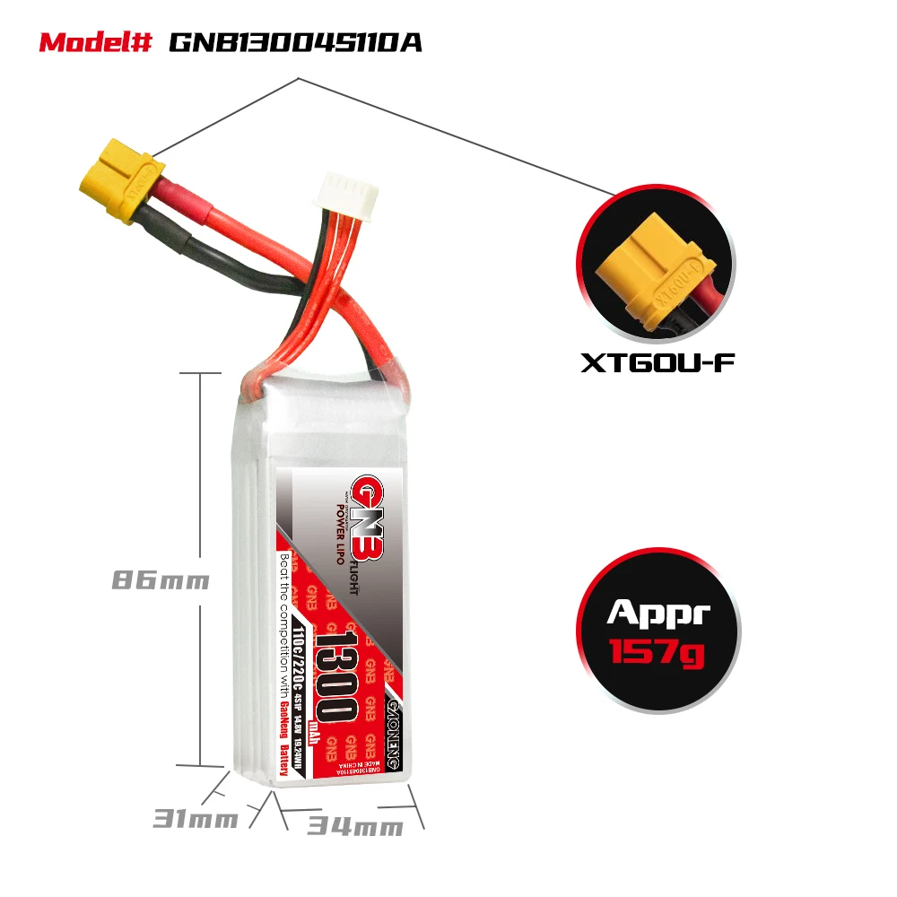 GAONENG GNB 1300 мАч 4S 14 8 в 110C/220C литий-полимерный аккумулятор с разъемом XT60 Размер 250 3D RC
