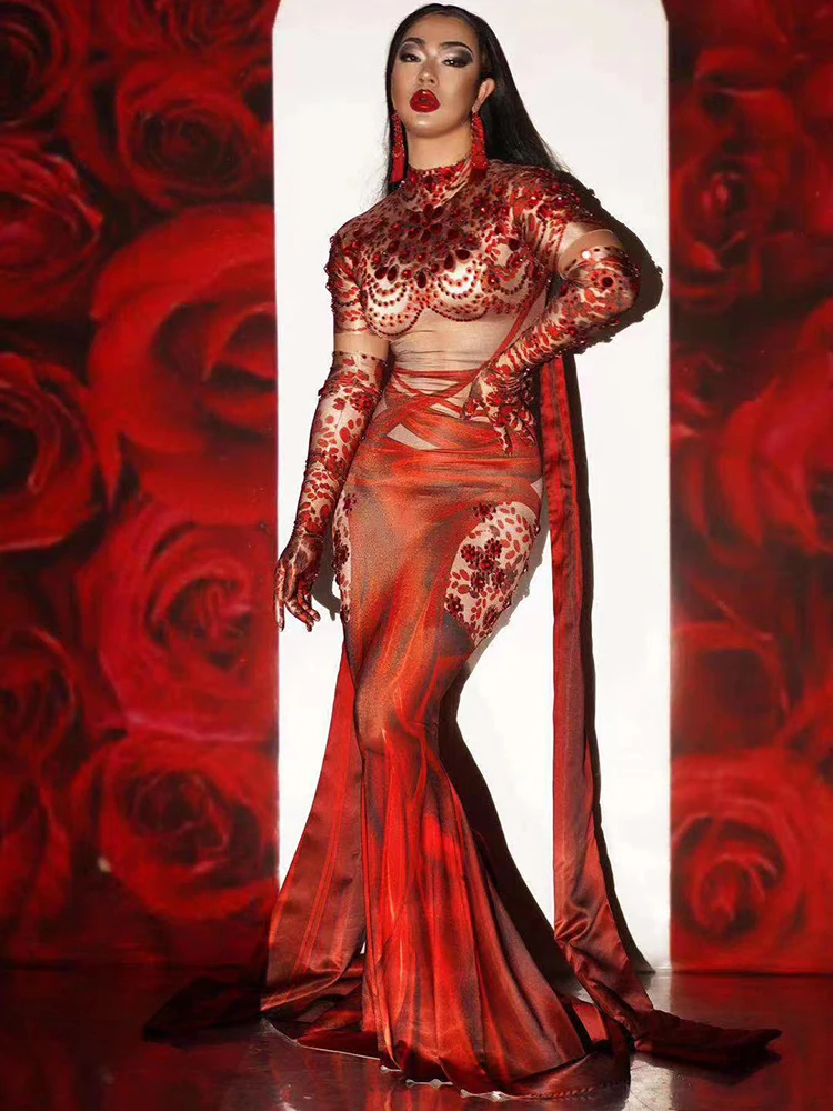

Блестящая одежда с красными кристаллами для сцены, женская прозрачная одежда для ночного клуба