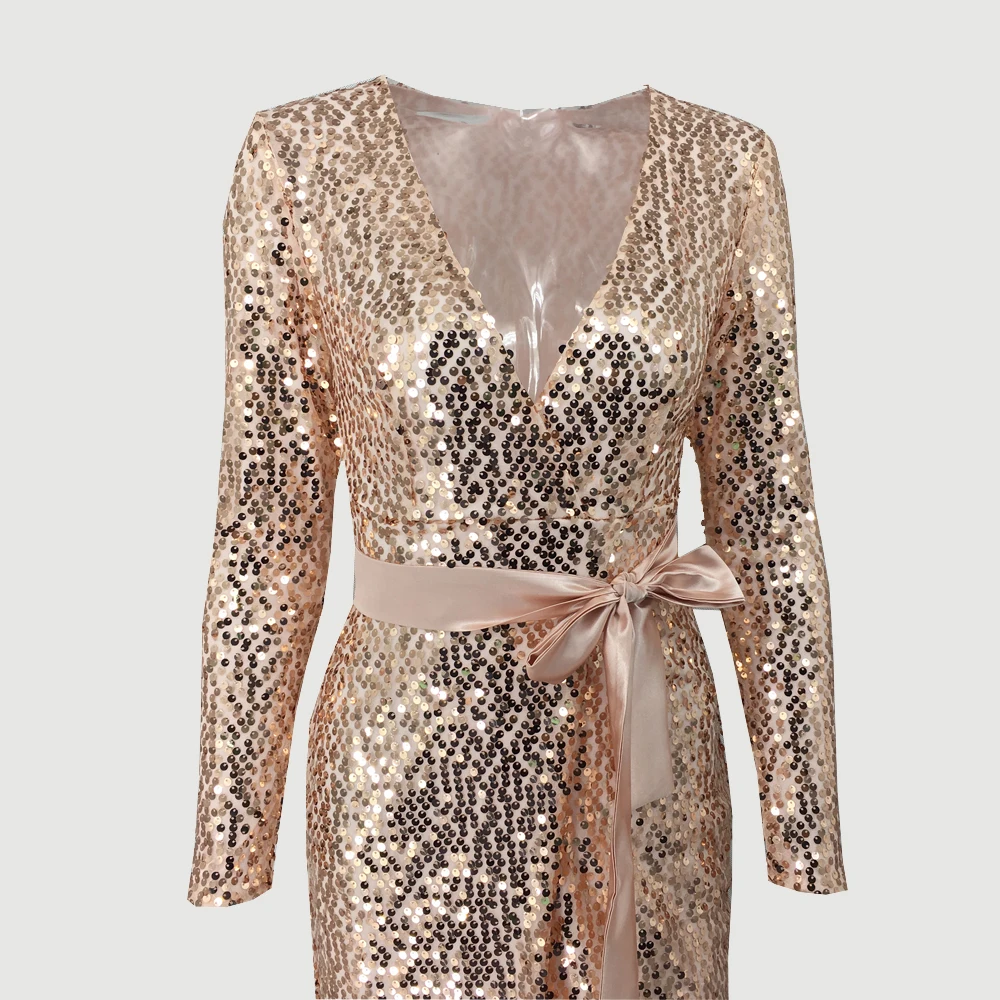 Женское вечернее платье с блестками длинное до пола V образным вырезом длинным