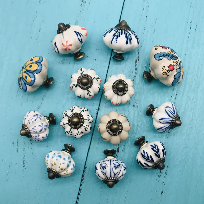 Мульти Цвет Керамика дверная ручка 1 шт. ручной работы тыквы ручки шкафа с синий и