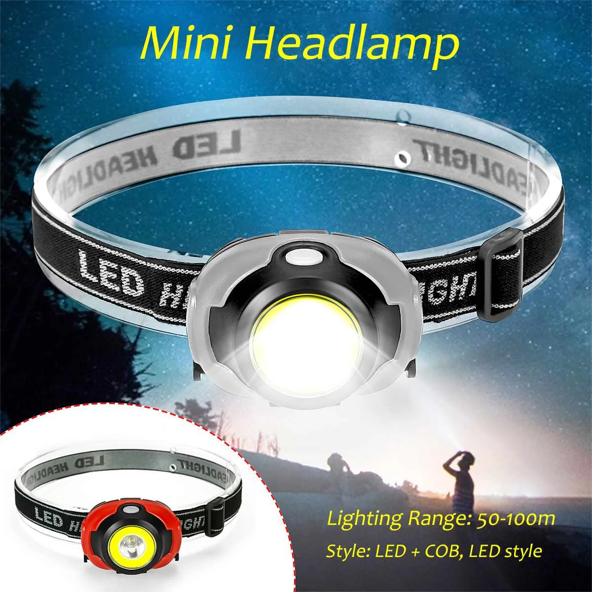 

COB LED Mini Headlamp Headlight 50-100m Lighting Range Head Lamp Battery Powered Downhole work lights Fishing Camping