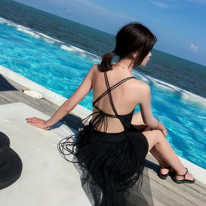 

#4018 Black White Mini Dress Women Spliced Mesh Sexy Beach Dress V Neck Backless Bodycon Dress High Waist Spaghetti Strap Dress