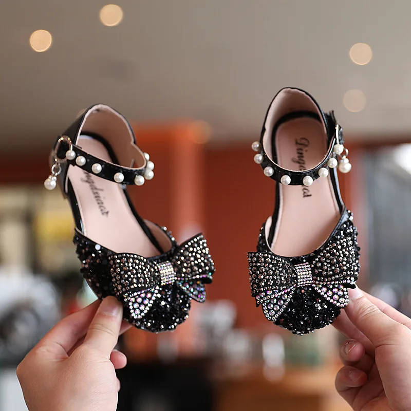 

2021 Summer Girl Shoes Black Sandals for Baby Toddler Kids Princess Flats Children's Shoes Crystal Leather Glitter Shoes