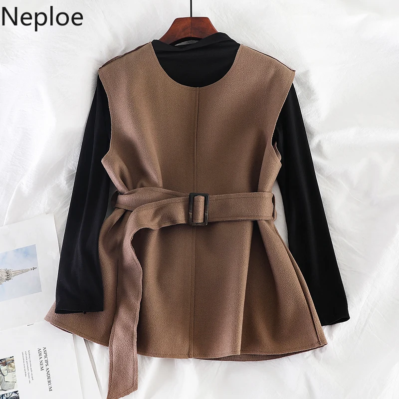 Neploe/Корейская женская Однотонная футболка с высоким воротником и зауженной
