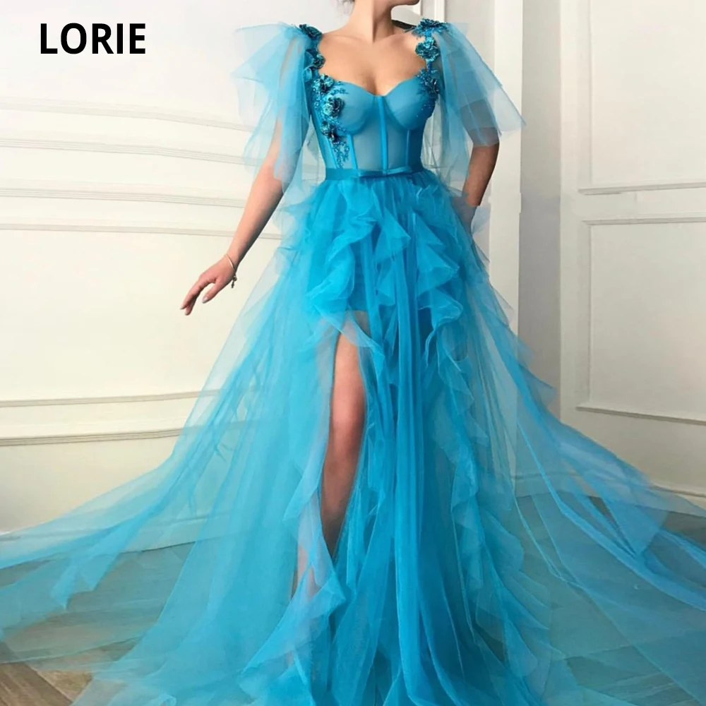 

LORIE Blue Evening Dresses Flowers Ruffles Tulle High Slit Dubai Saudi Arabic Long Evening Gowns Prom Dress for Teens Graduation