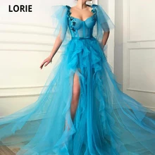 LORIE Vestidos de Noche azules con flores y volantes, tul con abertura alta, Dubai, Arabia Saudita, largos, vestidos de noche para graduación para adolescentes (2)