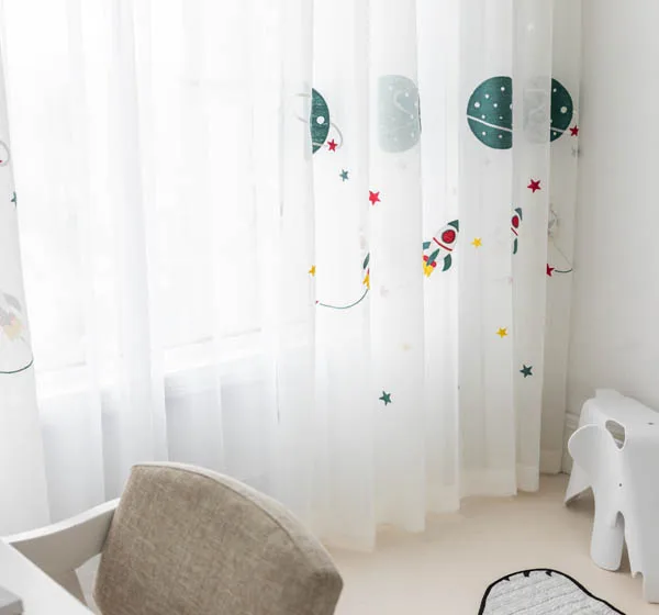 White and Green Вышитая вуаль с рисунком из мультфильма «космическая Ракета», занавеска для детской спальни, гостиной, отвесные оконные шторы, роскошный детский Тюль 20D3 - Цвет: White and Green