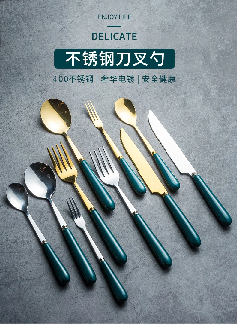 

Fork Spoon Knife Cutlery Set Green Stainless Steel Creative Reusable Dinnerware Set Portable Cubiertos Dining Tableware DG50DS