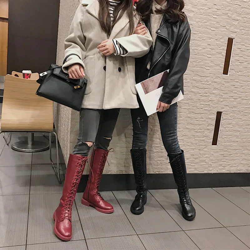 Autumn New Women Mid Calf Boots Low Heel Ladies Lace Up Cross Tied Round Toe Platform Motorcycle Long Boots Female Fashion Shoes