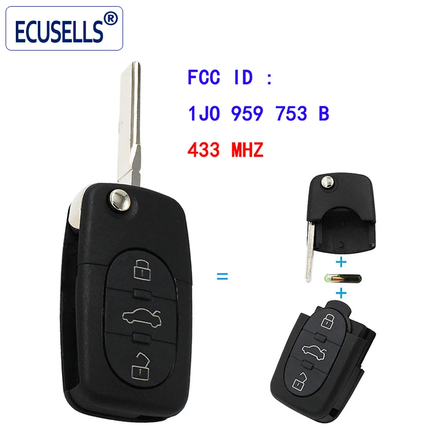 Дистанционный ключ брелок с чипом ID48 3 кнопки 433 МГц/434 МГц для VW 1J0 959 753 B Beetle Bora Passat